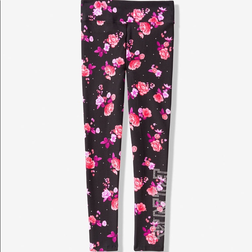 ❗️LAST💕VS PINK BLACK FLORAL BLING COTTON LEGGINGS - Picture 3 of 5